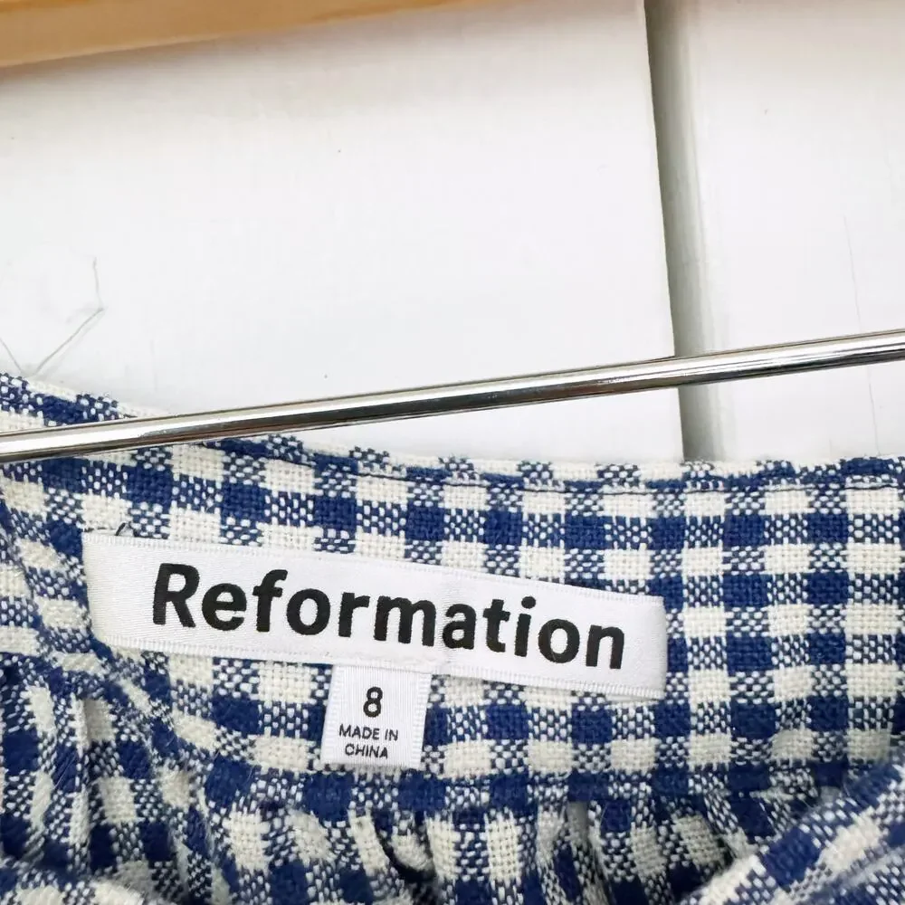 Reformation Orzo Linen Gingham Checkered Blue Skirt (Size 8)